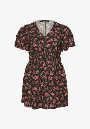 Robe noire avec motif floral rose et violet, col en V, manches volantées et taille élastique froncée.