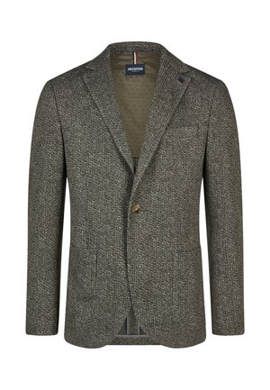 Einreihiger Herrenblazer aus strukturiertem grauem Stoff mit zwei vorderen Taschen und Ein-Knopf-Verschluss, Marke Hechter Paris.
