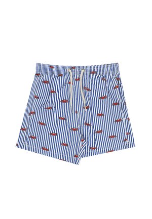 Pantaloncini a righe verticali blu e bianche con vita elasticizzata, coulisse bianca e motivo di macchine rosse su tutta la superficie.