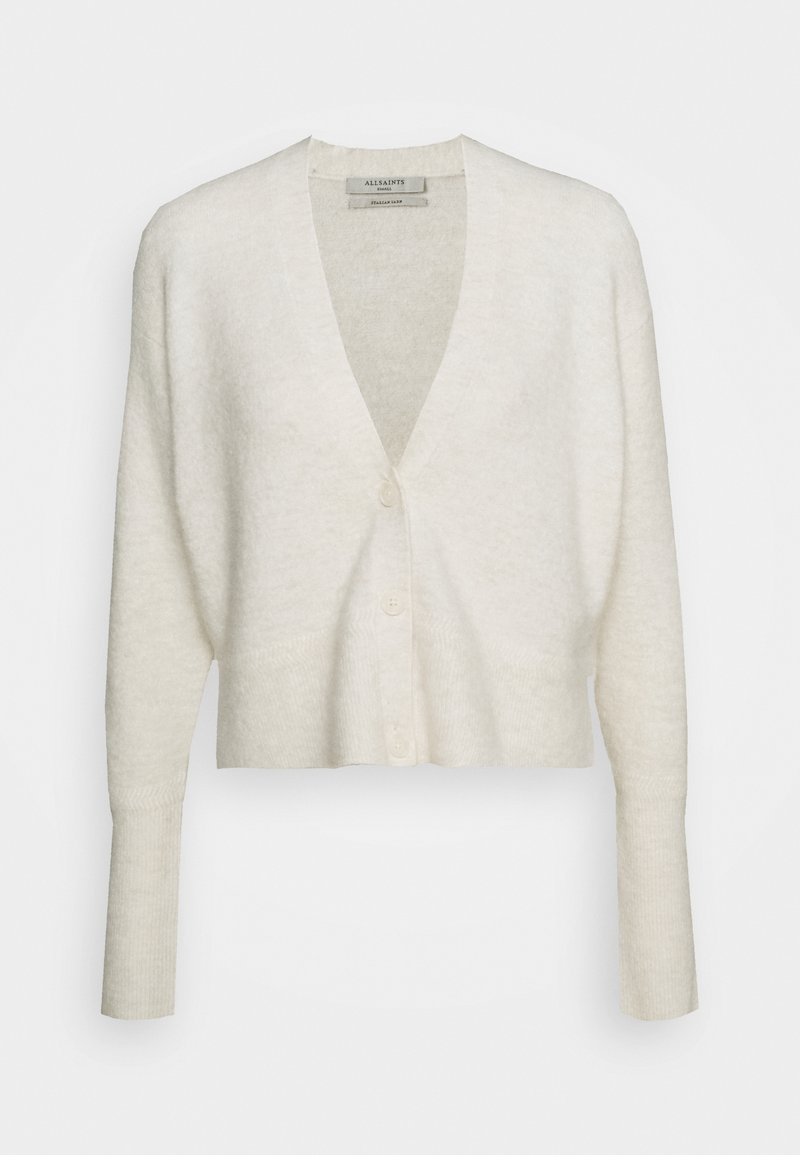 Kardigan w kolorze kremowym, wykonany z miękkiej dzianiny, z głębokim dekoltem w kształcie litery V, długimi, tapered rękawami i trzema guzikami z przodu, o kroju krótki.