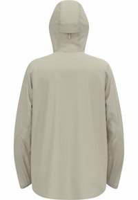 Lys beige vanntett jakke med hette, lange ermer og en glatt, matt tekstur. Har minimal søm og ingen synlig festemidler.