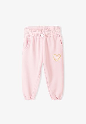 Pantaloni de trening roz din bumbac, cu talie elastică, manșete conice, buzunare laterale și un design cu inimă brodată aurie, împreună cu text pe față.