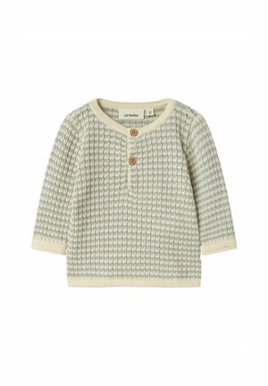 Pull en tricot nid d'abeille crème et bleu clair pour bébé, avec des manches longues et deux boutons en bois sur le devant.