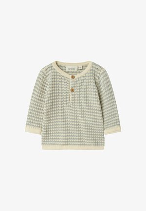 Cremefarbener und hellblauer Waffelstrick-Babypullover mit langen Ärmeln und zwei Holzknöpfen an der vorderen Blende.
