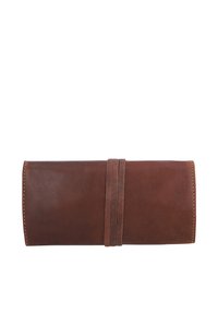 Brown leather wallet with a wrap-around strap closure and visible stitching along the edges, resting on a white background.