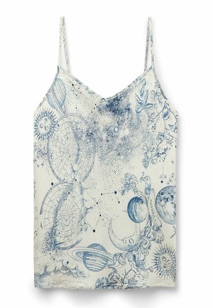 Witte cami met blauw sterrenbeeld en bloemenprint, met sterren, planeten en zonontwerpen. Lichtgewicht stof met verstelbare spaghettibandjes.