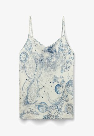 Witte cami met blauw sterrenbeeld en bloemenprint, met sterren, planeten en zonontwerpen. Lichtgewicht stof met verstelbare spaghettibandjes.