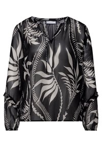 Blusa nera trasparente con stampa botanica bianca, caratterizzata da scollatura a V, maniche lunghe con polsini elasticizzati e un design rilassato e corto.