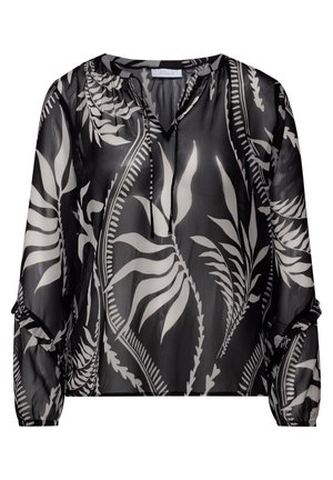 Doorschijnende zwarte blouse met witte botanische print, met een V-hals, lange mouwen met elastische manchetten en een relaxte, cropped pasvorm.