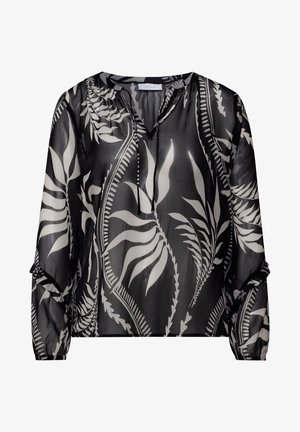 Przezroczysta czarna bluzka z białym nadrukiem botanicznym, z dekoltem w serek, długimi rękawami z elastycznymi mankietami oraz luźnym, skróconym fasonem.