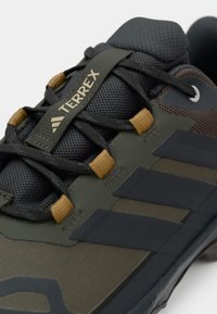 Scarpe da trekking verde scuro con pannelli in rete, accenti grigio scuro, stringhe nere, dettagli in bronzo e superficie testurizzata. Presenta il marchio "TERREX".