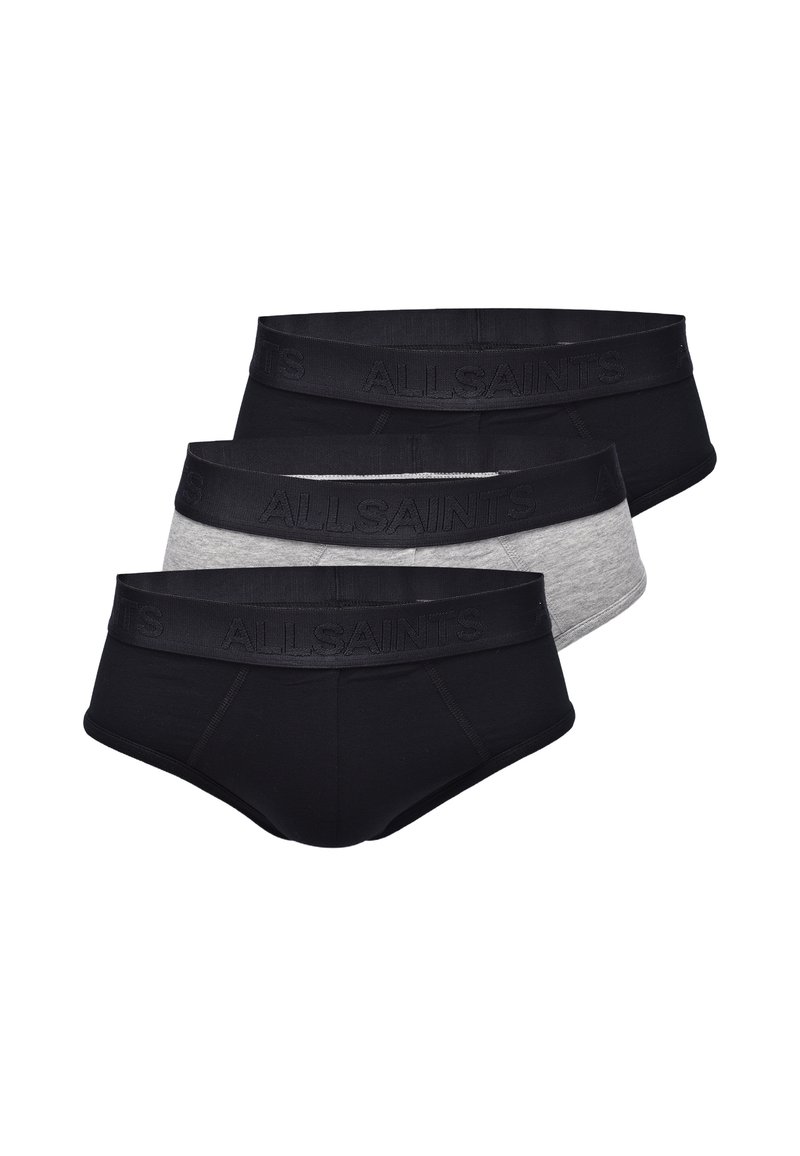 Caleçons en coton noirs et gris avec une bande élastique arborant le logo "ALLSAINTS". Coupe classique et texture lisse, montrant trois paires empilées.