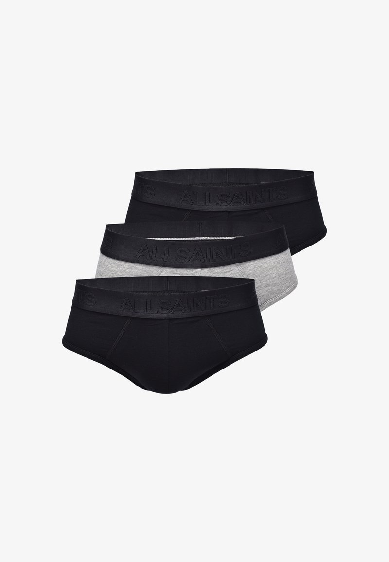 Slip in cotone nero e grigio con elastico che presenta il logo "ALLSAINTS". Taglio classico e texture liscia, mostrano tre paia impilati.
