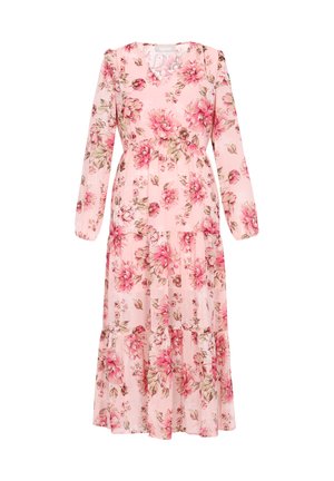 Rochie florală roz cu mâneci lungi, decolteu în formă de V și design în straturi. Prezintă flori mari roz cu accente verzi pe un material transparent.
