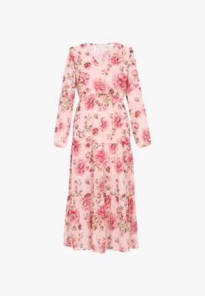 Roze cvjetna haljina s dugim rukavima, V-izrezom i slojevitim dizajnom. Sadrži velike ružičaste cvjetove s zelenim akcentima na prozirnom materijalu.