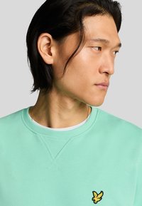 Sudadera verde menta con cuello de canalé, que presenta un pequeño logo negro y amarillo en el pecho. Tejido suave y corte relajado.