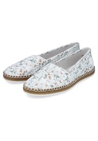 Espadrilles blanches à enfiler avec un petit motif floral orange et vert et semelle en jute tissée.