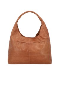 Brown leather hobo bag with a woven handle, featuring a smooth texture and a minimalist design. Single main compartment with no visible hardware.