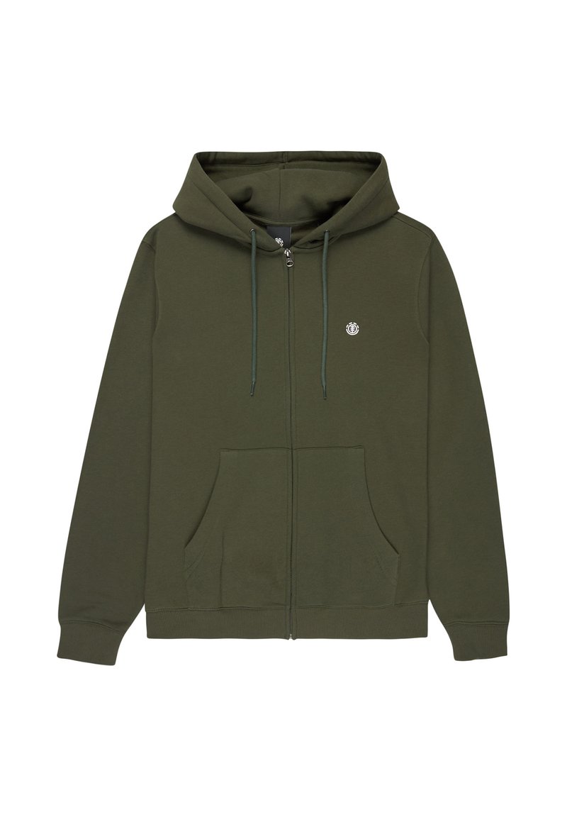 Felpa zip con cappuccio verde oliva realizzata in morbido mix di cotone, dotata di una tasca frontale, lacci e un piccolo logo circolare sul petto.