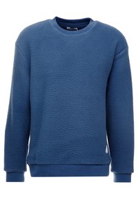 Blauer Fleece-Sweatshirt mit strukturiertem Oberflächenmaterial, Rundhalsausschnitt und gerippten Bündchen. Verfügt über ein kleines Logo-Detail nahe dem Saum.