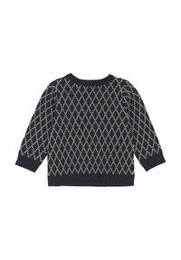 Mörkblått stickat tröja med en diamantmönster i krämfärg, rund halsringning och ribbade ärmslut, med långa ärmar och en avslappnad passform.