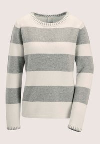 Langärmeliger Strickpullover mit breiten horizontalen grau-weißen Streifen sowie gerippten Bündchen und Kragen.