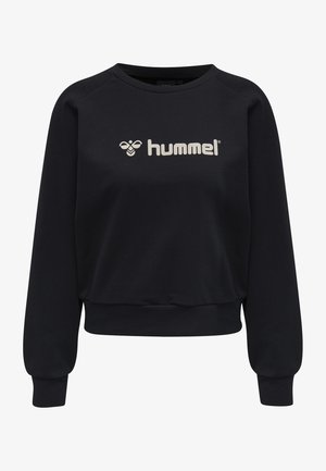 Black sweatshirt made of soft fabric, featuring a crew neck, long sleeves, and a front logo in light color. Simple and casual design.