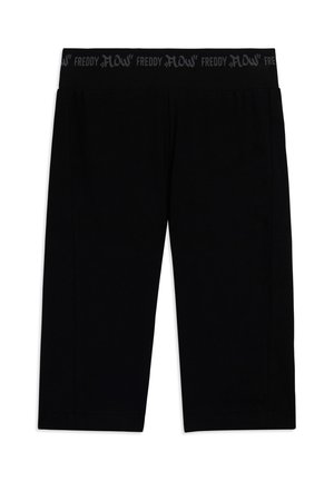 Leggings sportivi neri fino al ginocchio con una fascia larga in vita decorata con la scritta ripetuta "FREDDY FLOW" in grigio.