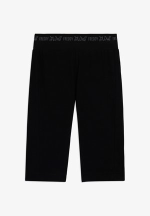 Mallas deportivas negras hasta la rodilla con una cinturilla ancha que presenta la marca repetida "FREDDY FLOW" en gris.