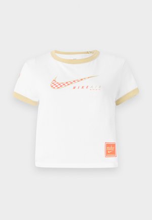 White T-shirt with gold trim, featuring a red checkered Nike swoosh logo, "NIKE AIR" text, and a small orange Nike tag on the hem.