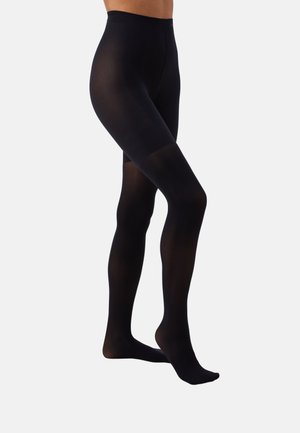 Collants opaques noirs avec une texture lisse, taille haute et un design sans couture. Le tissu a un léger éclat et s'ajuste étroitement à la jambe.