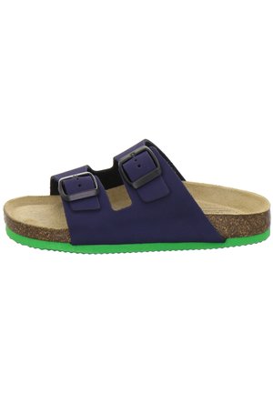 Purple sandal with two black adjustable buckles, cork footbed, and green rubber sole. Open-toe design with cut-outs on the sides.