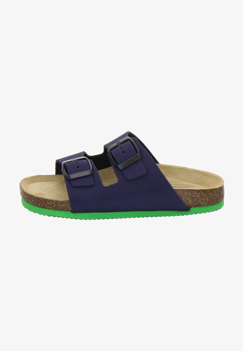 Purple sandal with two black adjustable buckles, cork footbed, and green rubber sole. Open-toe design with cut-outs on the sides.