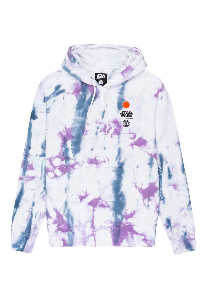 Hoodie tie-dye w kolorze białym, fioletowym i niebieskim z logo Star Wars i pomarańczową kropką na klatce piersiowej, z przednią kieszenią oraz kapturem z trokami.