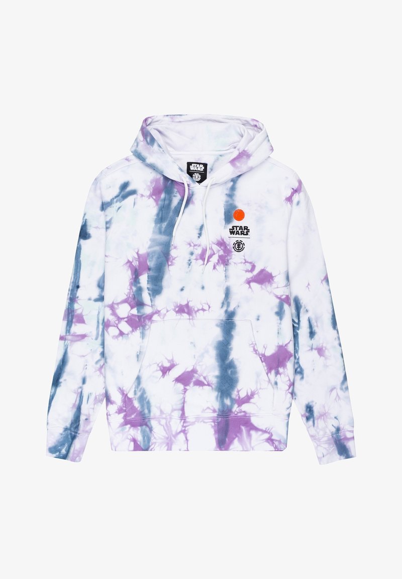 Tie-dye hoodie i hvid, lilla og blå med Star Wars-logo og orange prik på brystet, med en frontlomme og hætte med snore.