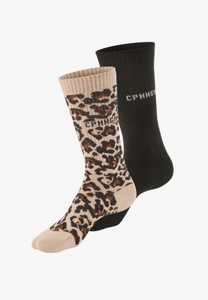 Two crew socks, one beige with leopard print and "CPHHGH" text, the other solid black with similar "CPHHGH" text on the cuff.