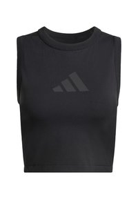 Svart ermeløs treningstopp i glatt, elastisk stoff med hevet, ton-i-ton logo foran og rund hals.