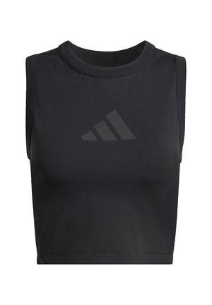 Top corto atlético negro sin mangas, hecho de tela suave y elástica, con un logo tonal en relieve en el frente y cuello redondo.