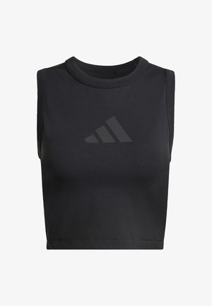 Black sleeveless athletic crop top made of smooth, stretch fabric featuring a raised tonal logo on the front and a crew neckline.