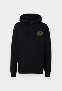 Black hooded sweatshirt with a front pocket, featuring a multicolored "HUF" logo in green and red on the left chest area.