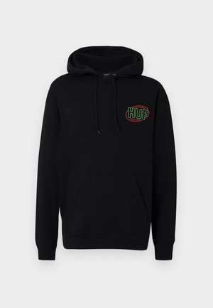 Black hooded sweatshirt with a front pocket, featuring a multicolored "HUF" logo in green and red on the left chest area.