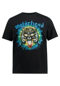 Sort bomulds T-shirt med et farverigt grafisk motiv af et kranium med kæder, omfavnet af et blåt og grønt udbrud, og "Motörhead" i stiliseret tekst.