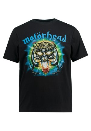 Camiseta de algodón negra con un gráfico colorido de una calavera con cadenas, rodeada de una explosión azul y verde, y "Motörhead" en texto estilizado.