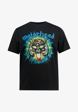 Czarny bawełniany T-shirt z kolorową grafiką czaszki z łańcuchami, otoczoną niebieskim i zielonym wybuchem, oraz stylizowanym napisem "Motörhead".