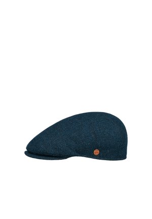Dark blue textured flat cap with small round brown logo badge on the side, against a plain white background.
