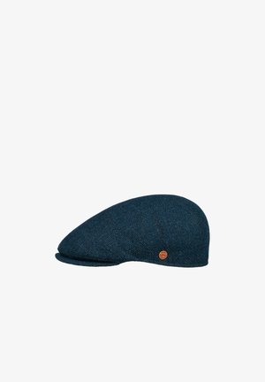 Dark blue textured flat cap with small round brown logo badge on the side, against a plain white background.