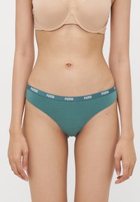 Teal katoenen bikini ondergoed met een contrasterende merkband met "PUMA" in witte tekst. Soepele textuur, minimalistisch ontwerp.