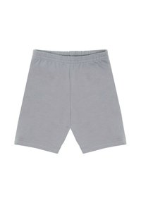 Szare bawełniane szorty z elastycznym paskiem w talii, o gładkiej fakturze i luźnym, wygodnym kroju. Prosty design bez dodatkowych wzorów.