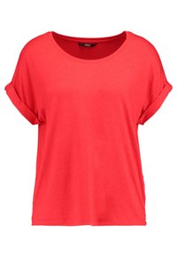 Red short-sleeve T-shirt made of soft fabric, featuring a rounded neckline and rolled sleeves, with a relaxed fit and simple design.