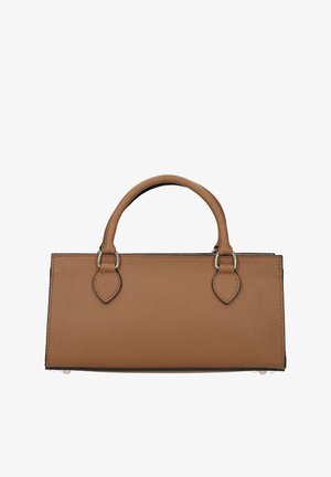 Brun læder håndtaske med en tekstureret overflade, rektangulær form, to korte håndtag og sølvfarvede hardwaredetaljer ved monteringspunkterne.